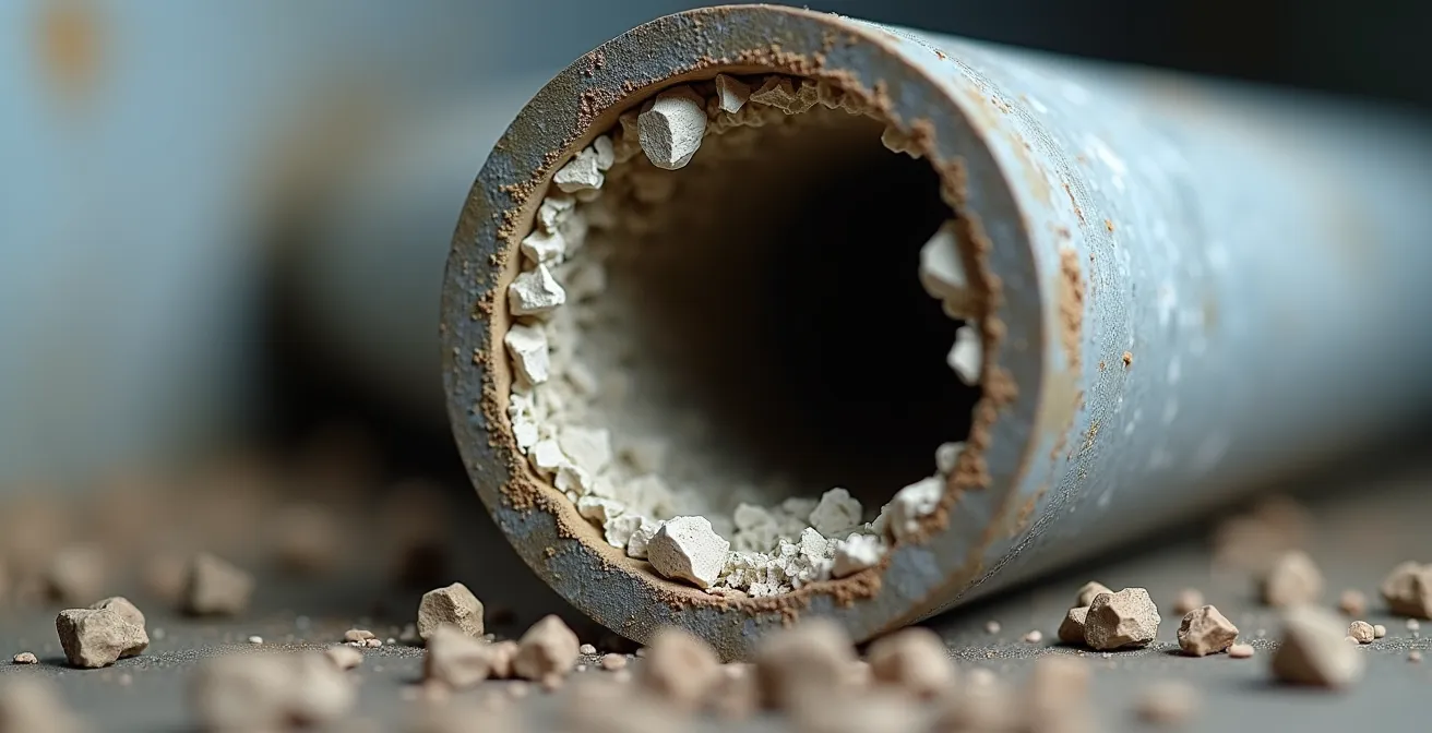 Coupe transversale d'un vieux tuyau en acier galvanisé montrant l'accumulation de dépôts calcaires