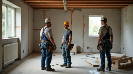 Trois artisans effectuant leurs tâches respectives sur un chantier de rénovation : un électricien posant des fils dans une boîte de distribution, un plombier installant des tuyaux, et un plâtrier travaillant sur les murs.