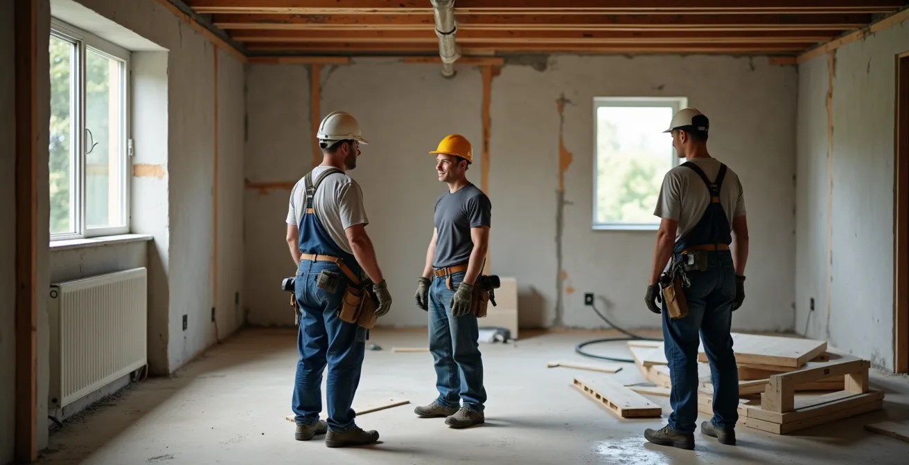 Trois artisans effectuant leurs tâches respectives sur un chantier de rénovation : un électricien posant des fils dans une boîte de distribution, un plombier installant des tuyaux, et un plâtrier travaillant sur les murs.