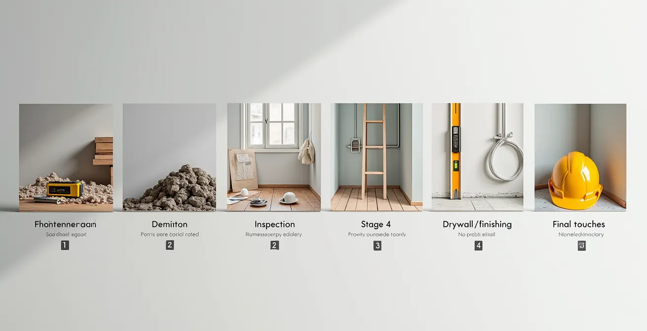 Diagramme linéaire montrant les six étapes principales d'une rénovation avec les corps de métier impliqués à chaque phase, ordonnés de gauche à droite du processus complet.