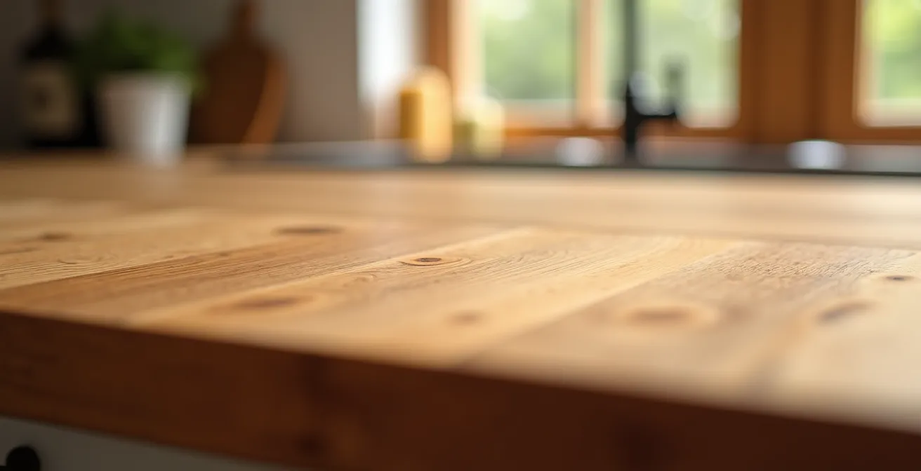 Gros plan de comptoirs en bois massif de merisier ou érable aux veines naturelles riches et chaleureuses