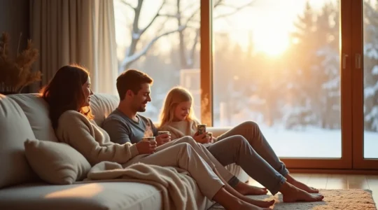 Intérieur résidentiel québécois baigné de lumière naturelle démontrant le confort au quotidien