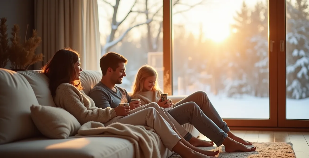 Intérieur résidentiel québécois baigné de lumière naturelle démontrant le confort au quotidien