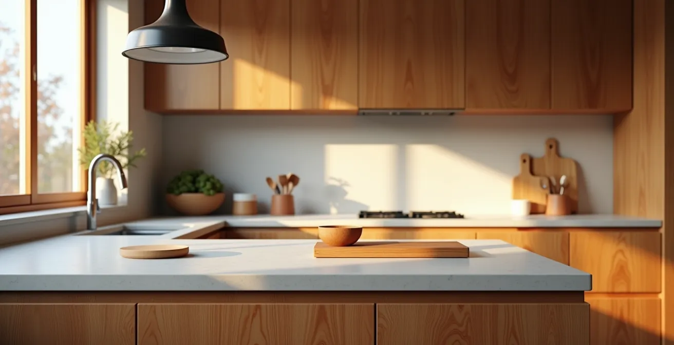 Vue large d'une cuisine contemporaine québécoise avec armoires en merisier naturel, îlot massif, comptoir en quartz et éclairage intégré minimaliste