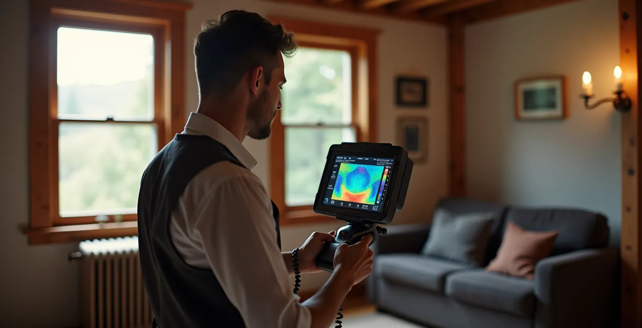 Un conseiller effectuant une évaluation énergétique professionnelle dans une maison québécoise ancienne