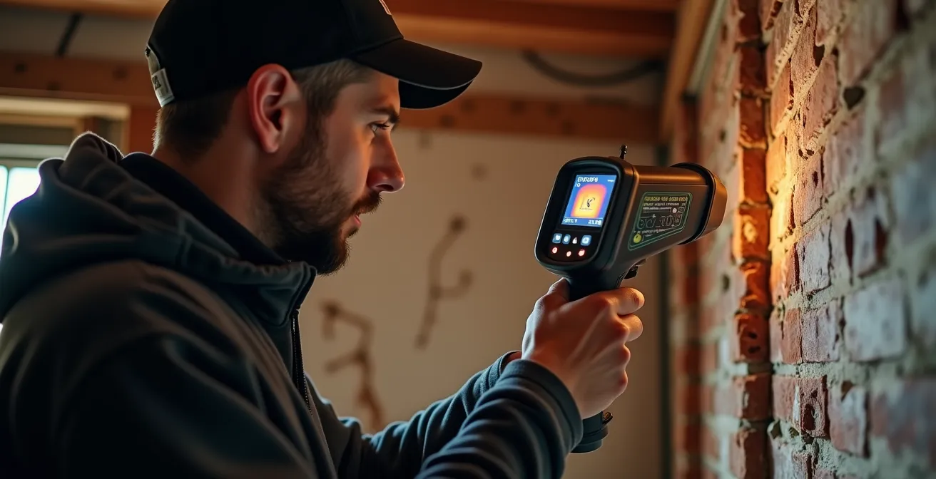 Inspecteur bâtiment professionnel effectuant diagnostic pré-rénovation d'une maison québécoise