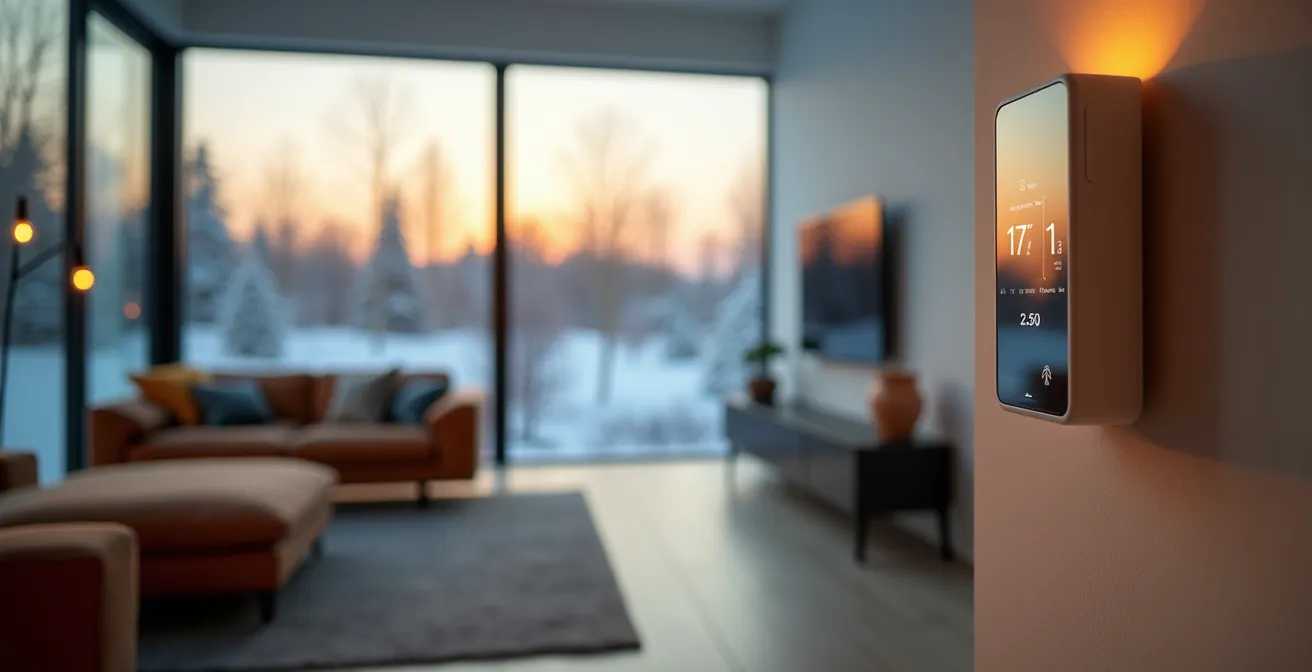 Main ajustant un thermostat intelligent moderne dans un intérieur québécois confortable