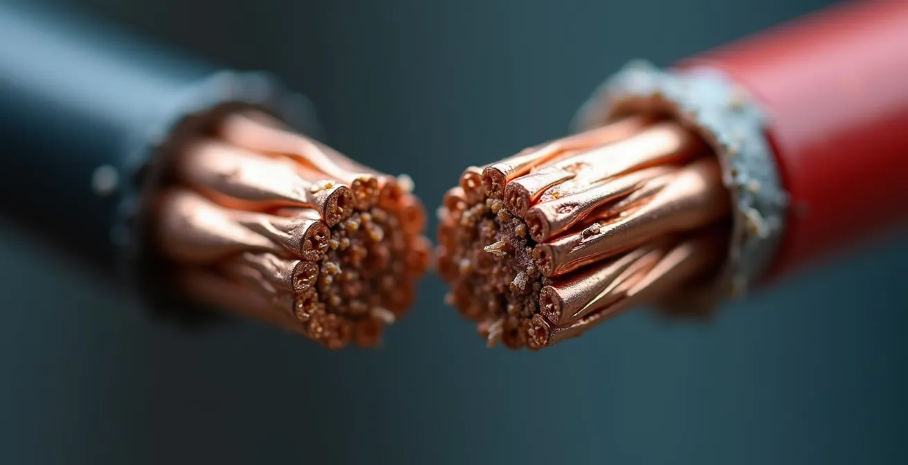 Représentation macro textuelle du filage électrique en aluminium montrant l'oxydation et le risque de surchauffe