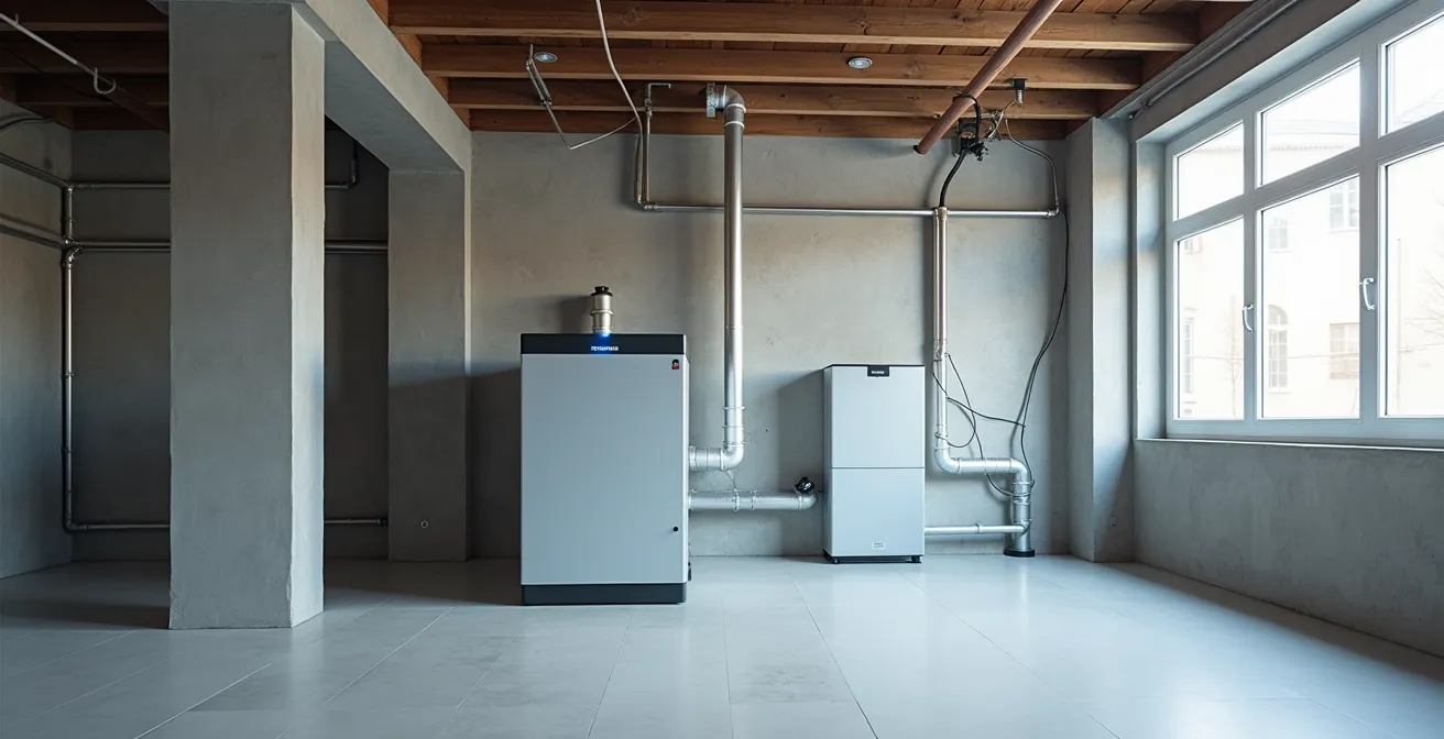 Schéma visuel montrant la circulation d'air d'un VRC intégré à un système de chauffage central et thermopompe en maison québécoise