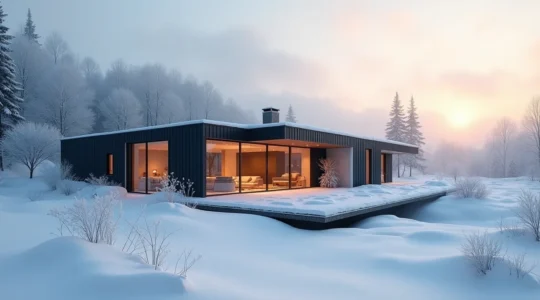 Maison québécoise bien isolée transformée en forteresse thermique face au froid intense, avec détails architecturaux régionaux et enveloppe performante visible