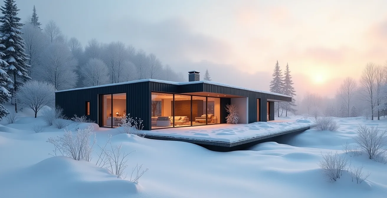 Maison québécoise bien isolée transformée en forteresse thermique face au froid intense, avec détails architecturaux régionaux et enveloppe performante visible