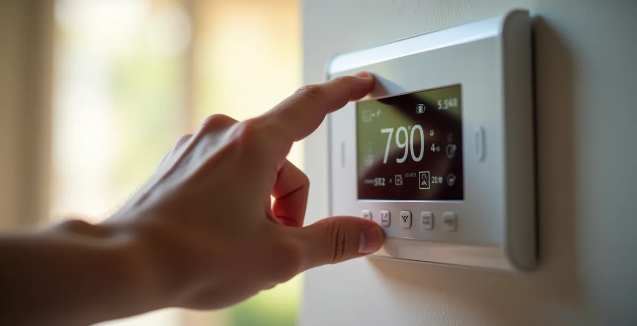 Main ajustant un thermostat intelligent sur un mur de maison québécoise pour optimiser la consommation énergétique