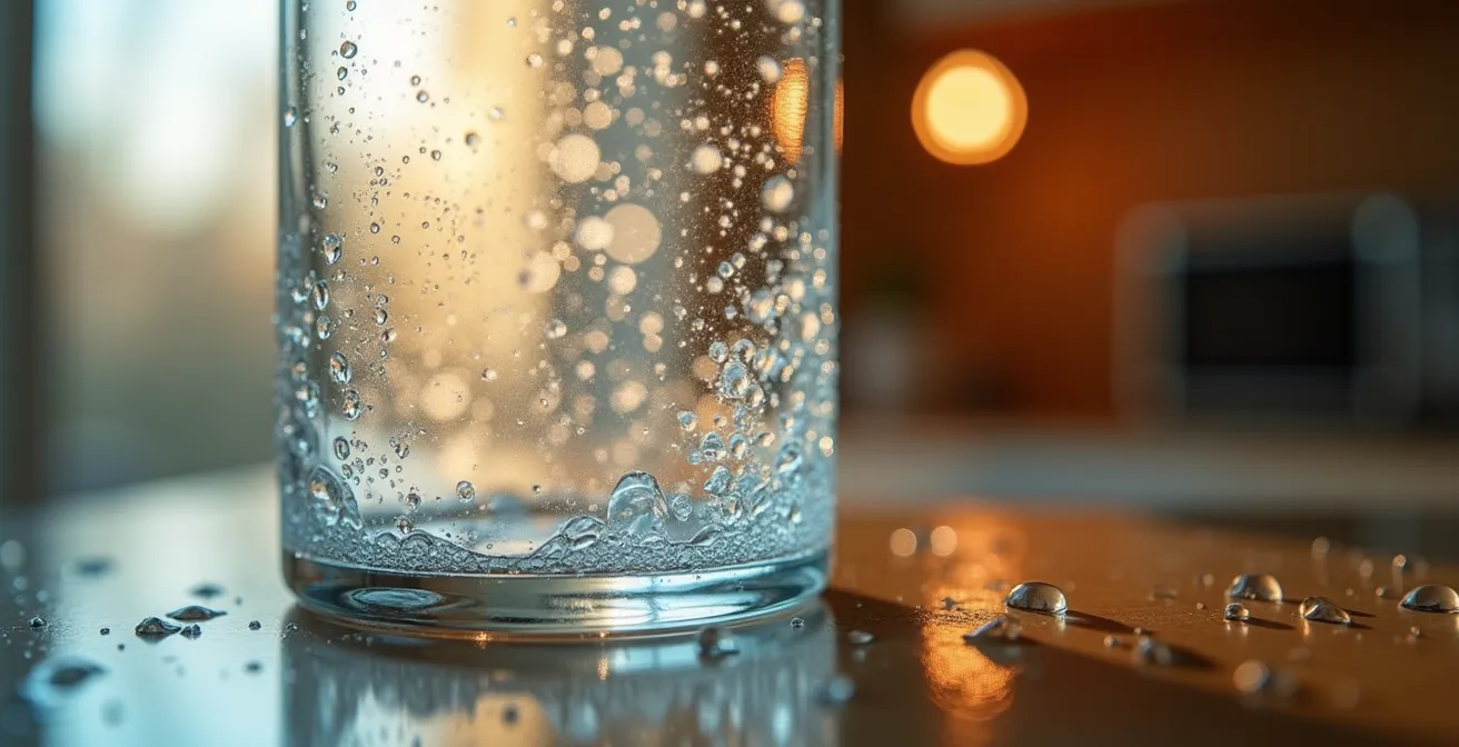 Gouttelettes d'eau sur une surface vitrée illustrant le concept d'humidité relative dans un intérieur confortable