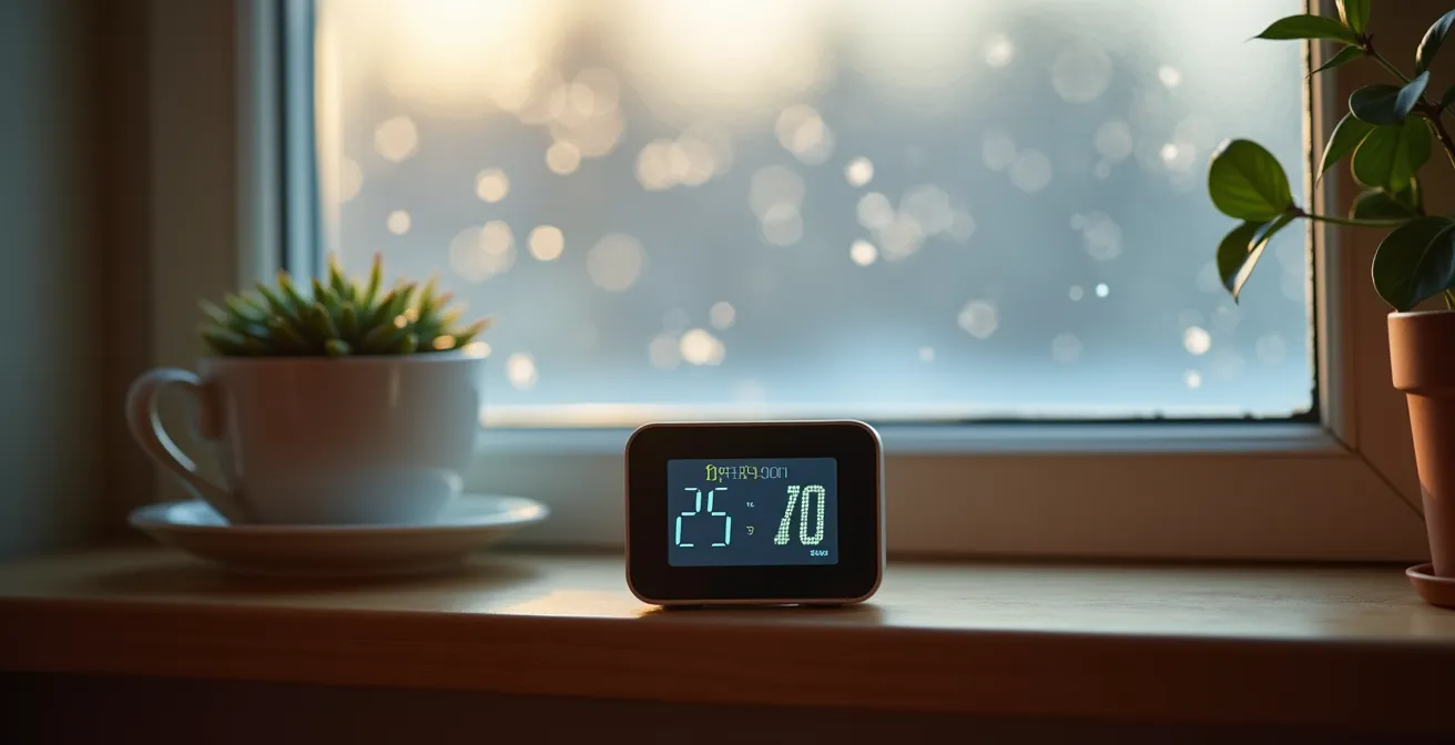 Hygromètre numérique moderne affichant température et humidité dans un intérieur résidentiel québécois
