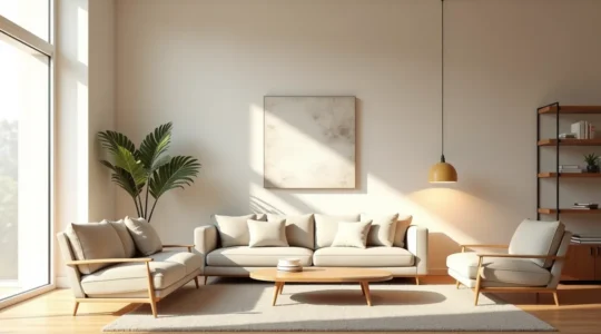 Intérieur moderne et chaleureux au design professionnel avec palette de couleurs harmonieuse et éclairage multicouches