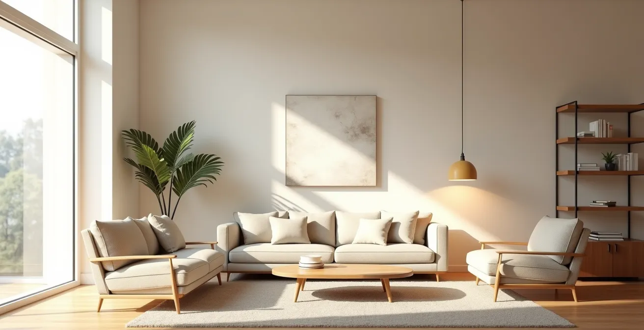 Intérieur moderne et chaleureux au design professionnel avec palette de couleurs harmonieuse et éclairage multicouches