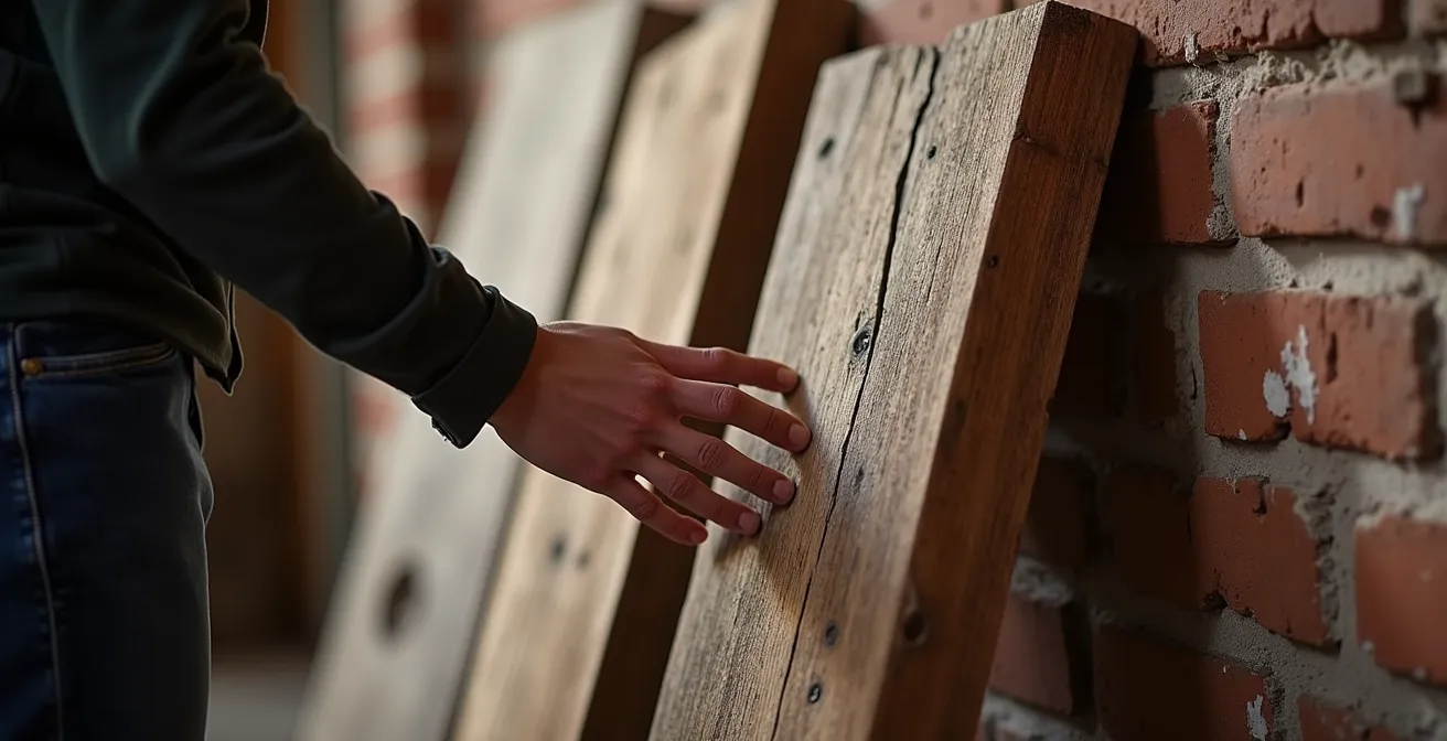 Poutres de bois centenaires récupérées exposées dans un espace de rénovation patrimoniale au Québec