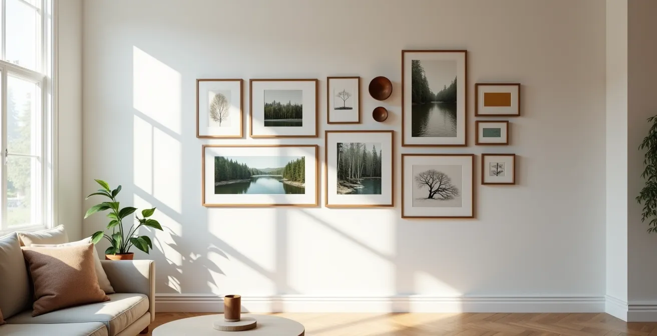 Mur de galerie artistique avec œuvres d'art canadien et système de suspension discret