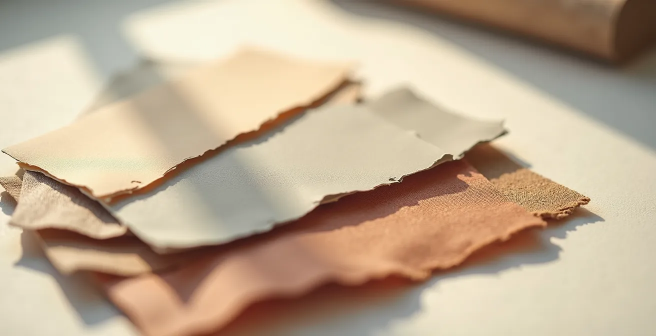 Échantillons de peinture dans des tons chauds disposés selon la règle 60-30-10 avec lumière naturelle changeante