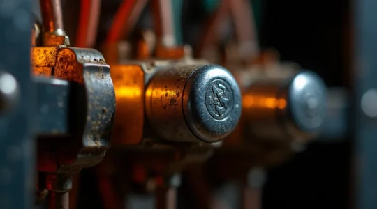 Vue rapprochée d'un panneau électrique résidentiel québécois avec disjoncteurs, montrant la complexité des circuits protégés