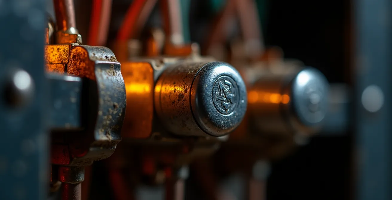 Vue rapprochée d'un panneau électrique résidentiel québécois avec disjoncteurs, montrant la complexité des circuits protégés