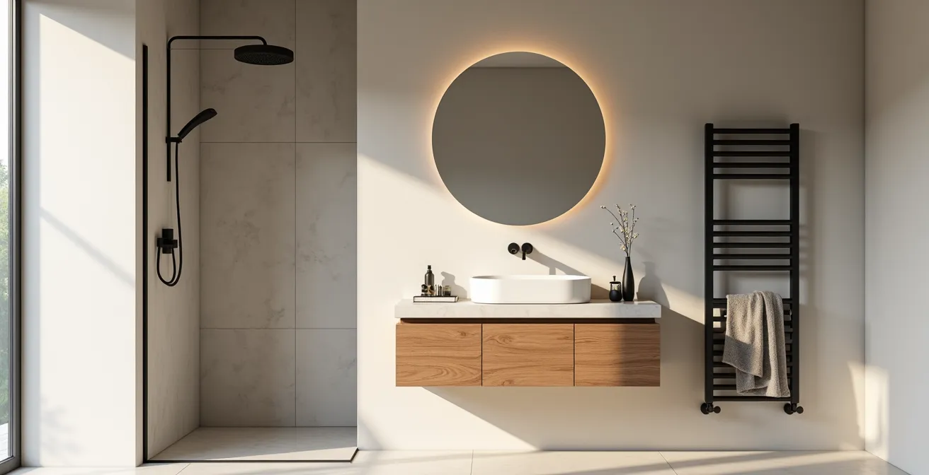 Petite salle de bain élégante transformée en spa personnel avec douche italienne, vanité suspendue et éclairage ambiant chaleureux