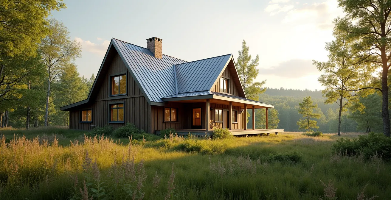 Maison québécoise rénovée de manière durable entourée de verdure, représentant le patrimoine architectural et l'avenir écologique