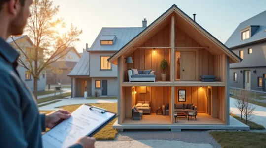 Illustration d'une résidence québécoise lors d'une rénovation, montrant les éléments clés à vérifier : permis de construction, escalier sécuritaire, ventilation, poêle à bois, prises électriques et éléments architecturaux conformes aux normes