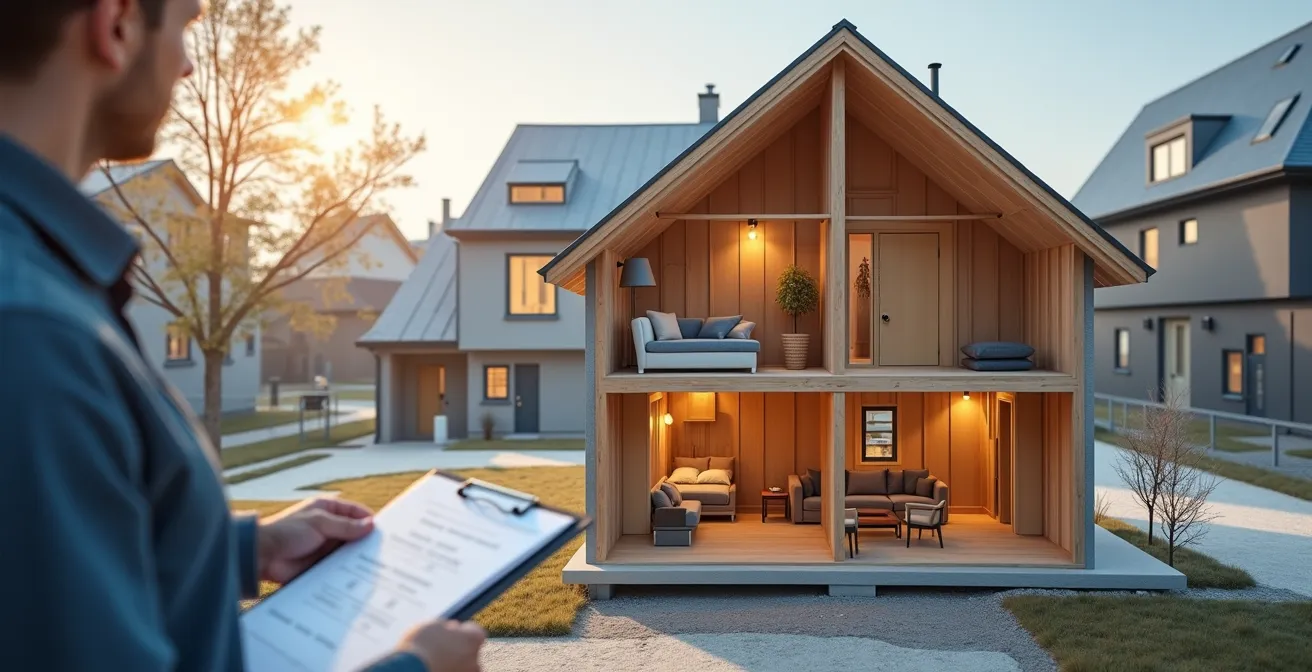 Illustration d'une résidence québécoise lors d'une rénovation, montrant les éléments clés à vérifier : permis de construction, escalier sécuritaire, ventilation, poêle à bois, prises électriques et éléments architecturaux conformes aux normes