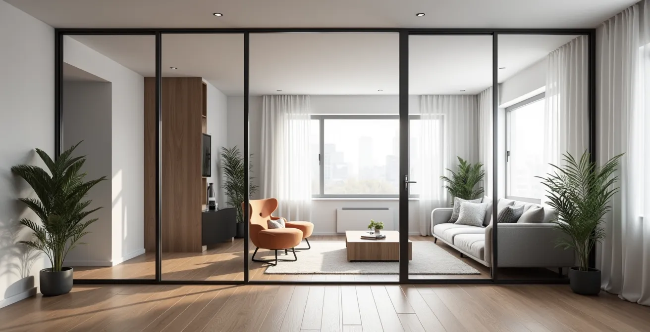 Solution de séparation d'espace moderne: cloisons en verre trempé de style atelier avec cadre aluminium minimaliste, créant intimité visuelle sans bloquer la lumière naturelle