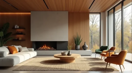 Intérieur québécois réinventé avec bois locaux, palette de couleurs chaudes inspirées du terroir, ambiance moderne et chaleureuse en hiver