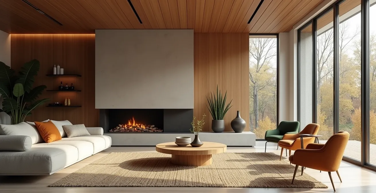 Intérieur québécois réinventé avec bois locaux, palette de couleurs chaudes inspirées du terroir, ambiance moderne et chaleureuse en hiver
