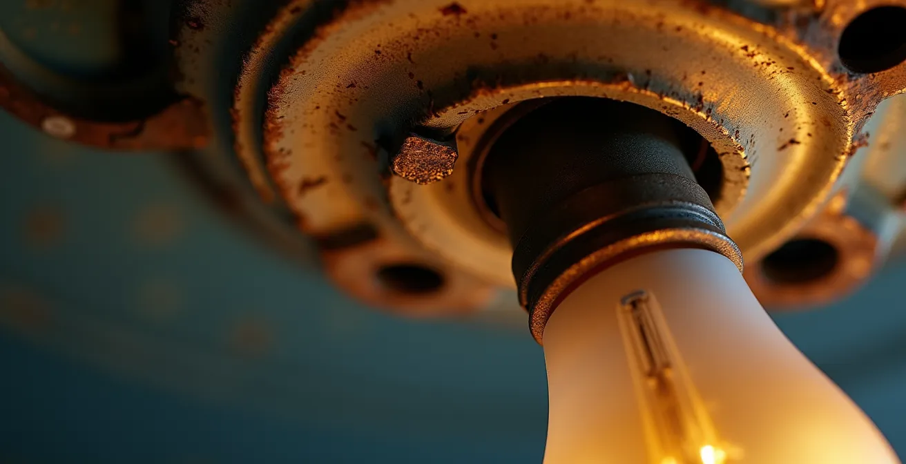 Gros plan sur un luminaire surchargé avec une ampoule trop puissante montrant les signes de surchauffe