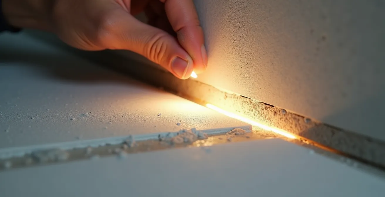 Gros plan sur une surface de mur en gypse montrant une main tenant une baladeuse en position rasante, révélant les imperfections des joints par les ombres.