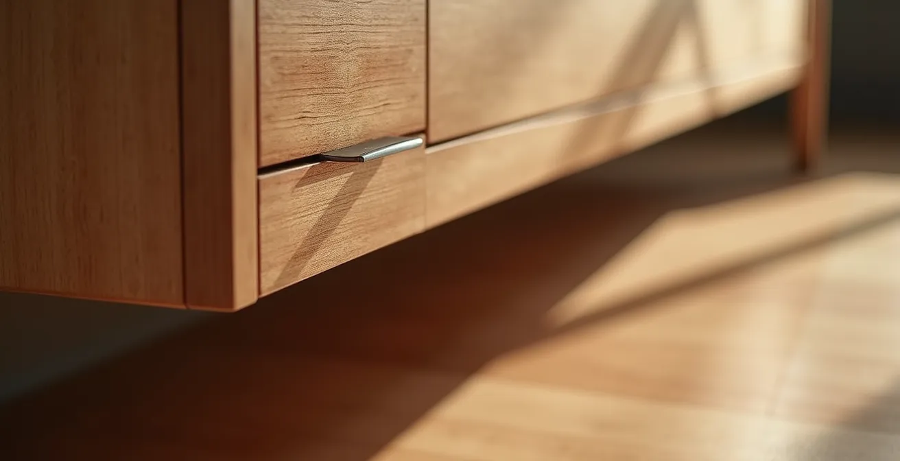 Gros plan macro sur une vanité suspendue en merisier clair avec détails de quincaillerie minimaliste, montrant la circulation d'air libre sous le meuble et le vide du plancher
