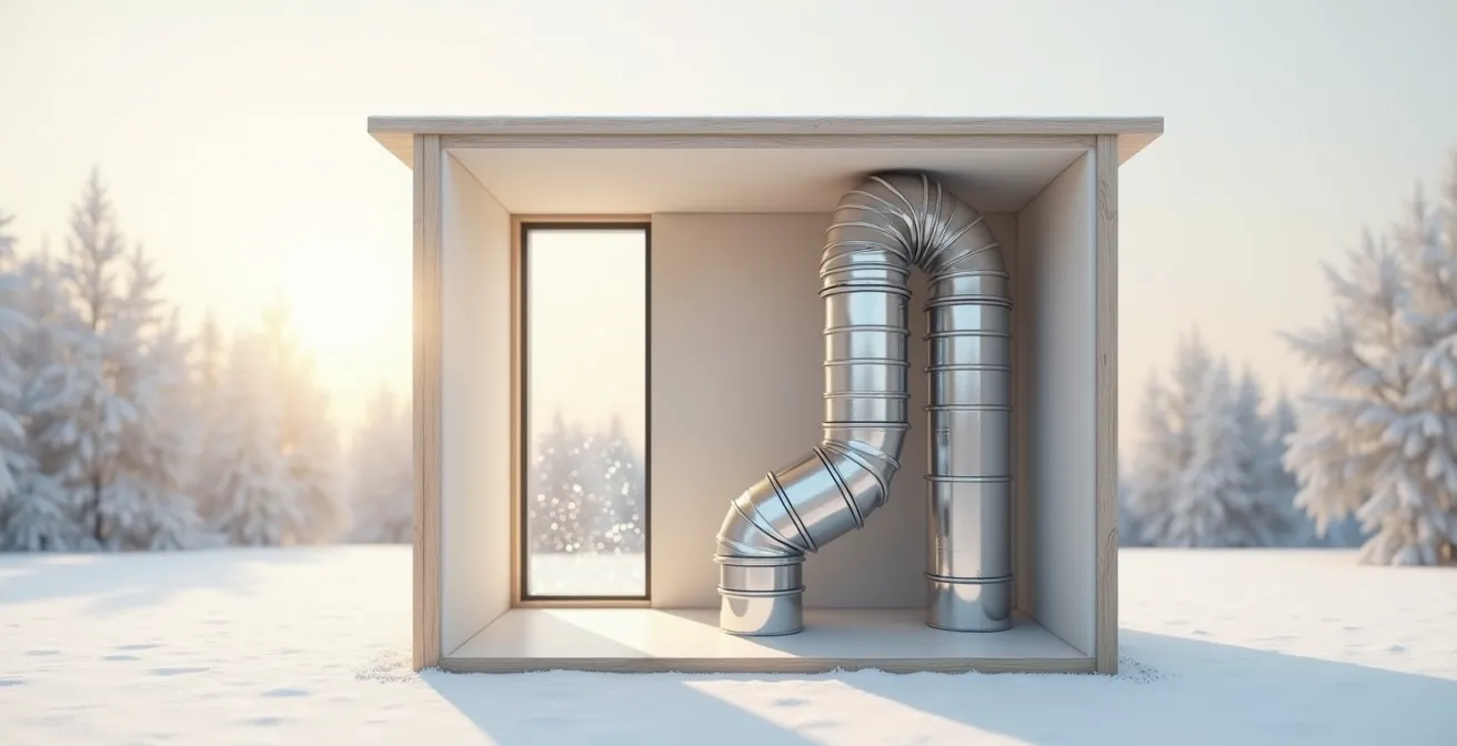 Coupe transversale d'une installation de ventilation de salle de bain : conduites d'extraction directes vers l'extérieur (jamais combles ou soffite), VRC avec échangeur thermique, grilles d'évacuation protégées