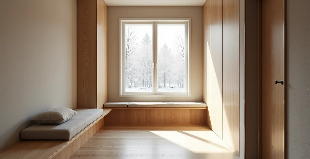 Détail d'un vestibule fonctionnel québécois avec éléments de rangement pour l'hiver et plancher chauffant