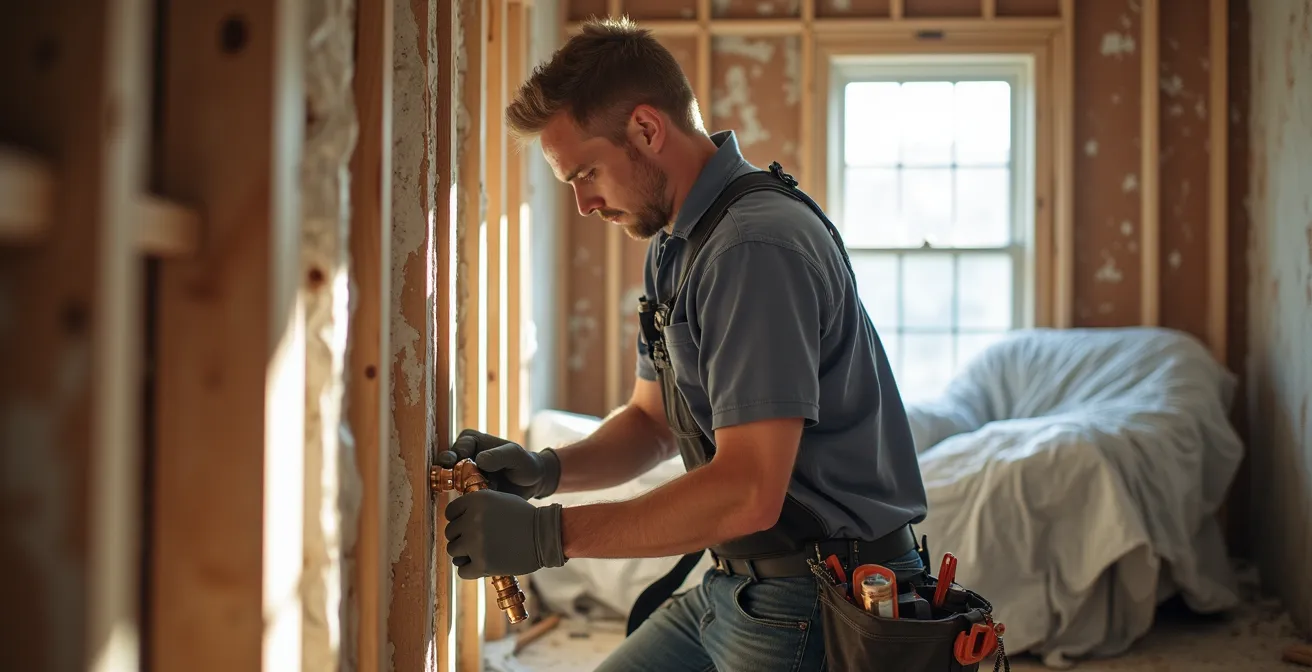 Intérieur d'une maison québécoise en cours de rénovation complète de plomberie