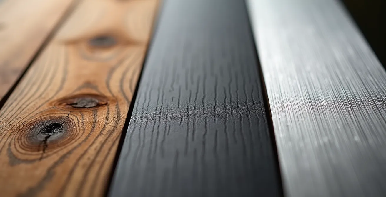 Vue macro détaillée montrant la texture du bois traité, du PVC et de l'aluminium côte à côte