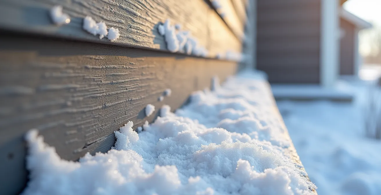 Gros plan sur trois échantillons de revêtement extérieur recouverts de neige et de glace au Québec