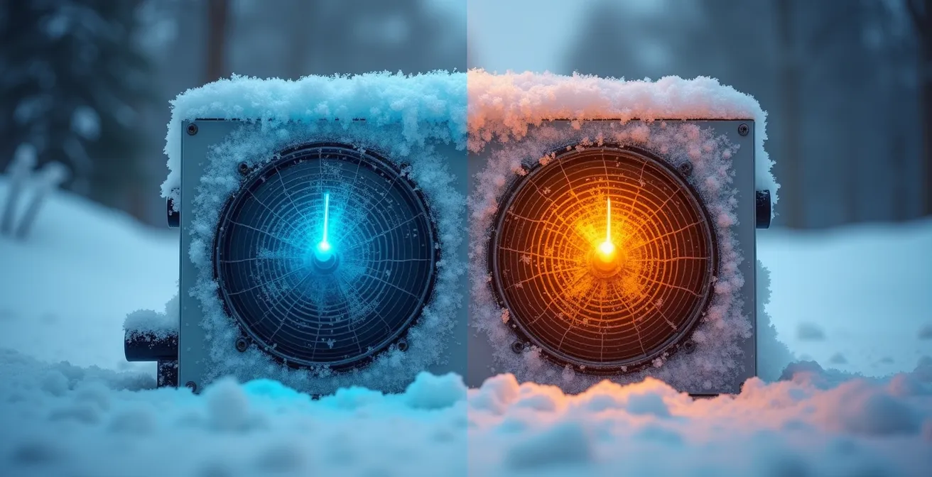 Graphique visuel montrant deux thermopompes avec indicateurs de performance par température froide