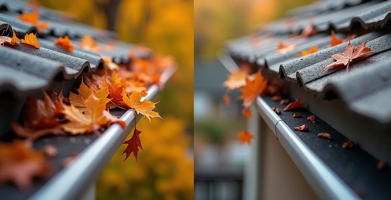 Différents types de protège-gouttières avec accumulation de débris variés