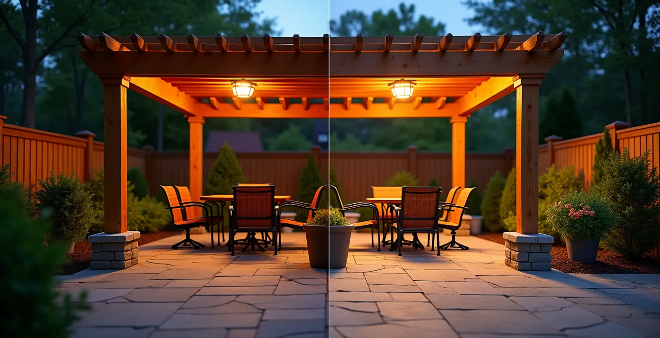 Comparaison visuelle de l'éclairage d'une terrasse québécoise en 2700K versus 3000K