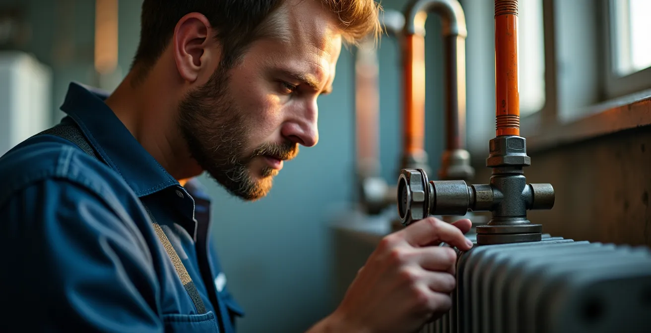 Technicien effectuant le désembouage d'un système de chauffage avec équipement spécialisé