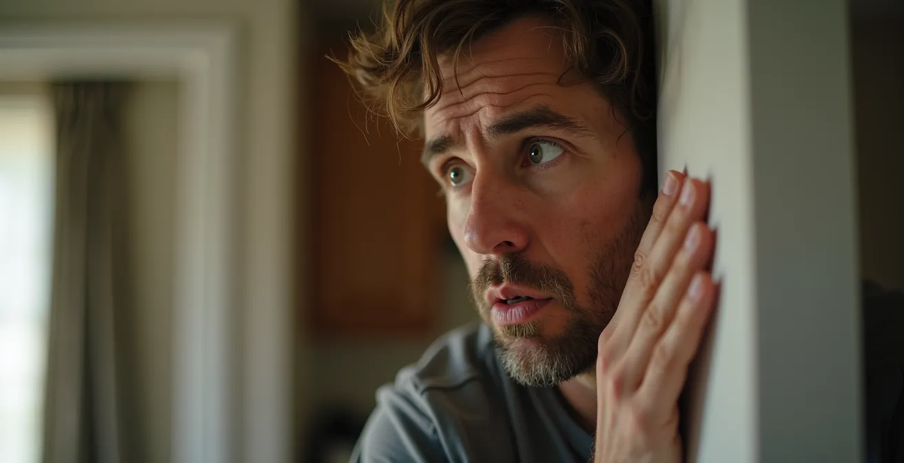 Propriétaire québécois écoutant attentivement un mur pour détecter des bruits de plomberie suspects