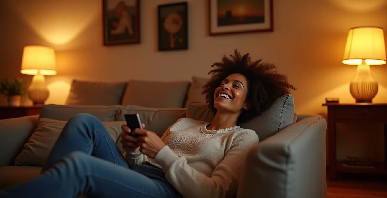 Salon moderne avec différentes ambiances lumineuses créées par un éclairage intelligent multicouche