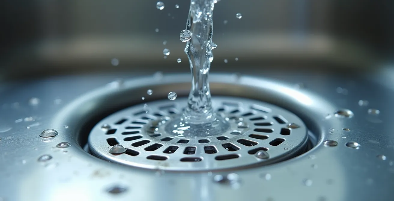 Gros plan sur un drain de cuisine impeccable avec eau claire s'écoulant