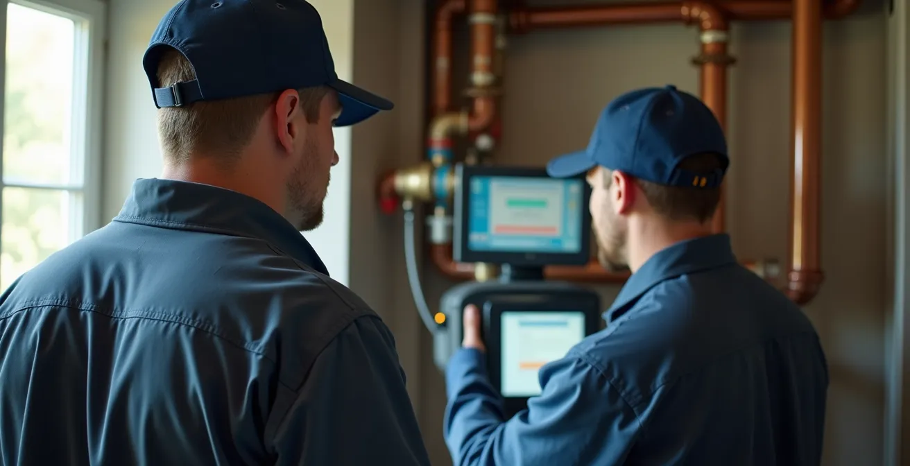 Technicien utilisant une caméra d'inspection dans une canalisation résidentielle