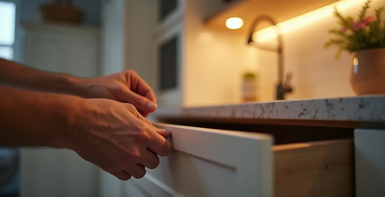 Inspection minutieuse des détails de finition d'une cuisine haut de gamme