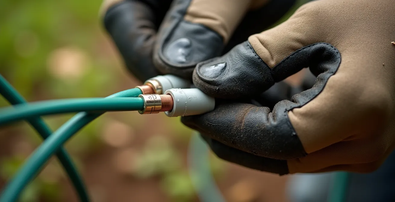 Gros plan sur l'installation de connecteurs étanches pour système d'éclairage extérieur 12V